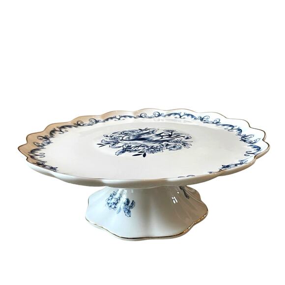 Eaton Fine Dining Blue Floral Bird Porcelain Pedestal Cake Plate 10.5in New - Picture 1 of 16
